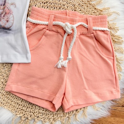 Conj. Blusa Carruagem e Short em Moletinho - Salmão e Branco